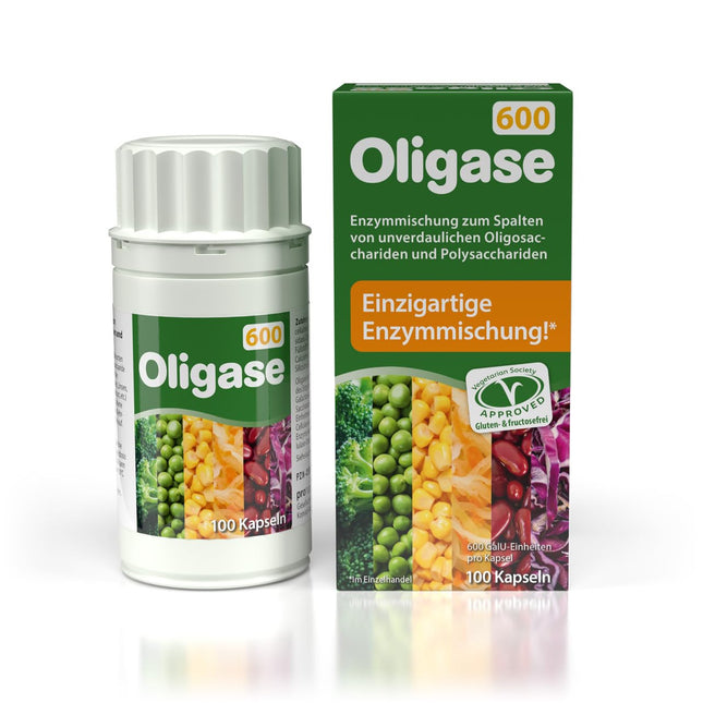 Oligase 600, enzyme blend for digesting gas-causing carbohydrates, digestive enzymes to relieve bloating and stomach pain, gluten and fructose free, suitable for vegetarians, 100 capsules