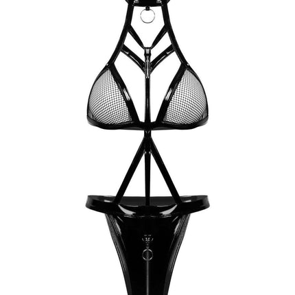 ROSVAJFY Women's Sexy Leather Mesh Zipper Body Halter Teddy Bodysuit Wetlook Latex Catsuit One-Piece Jumpsuit Transparent Mesh Negligee Hollow Bikini Lingerie Party Clubwear Outfit (M)