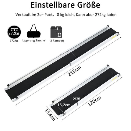 2PCS Telescopic Wheelchair Ramp 120-213cm, gardhom Adjustable Portable Aluminum Non-Slip Telescopic Ramp with 272KG Load Capacity for Stairs Obstacles House Steps in Textile Bag