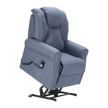Sime FR-1 ADJUSTABLE electric recliner with vibrating massage. Combined backrest and footrest inclination. 4 wheels move the user. Non-deformable seat, dirt-repellent, stand-up aid. Denim Blue.