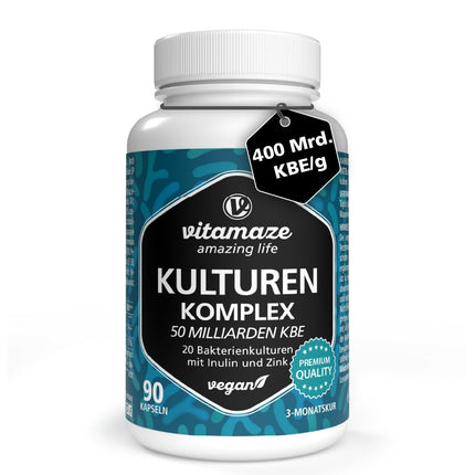 Culture complex high-dose with 400 billion CFU/g in 1 capsule, 20 bacterial cultures for intestinal flora development with inulin and zinc, 90 vegan &amp; gastro-resistant capsules with 50 billion CFU for 3 months