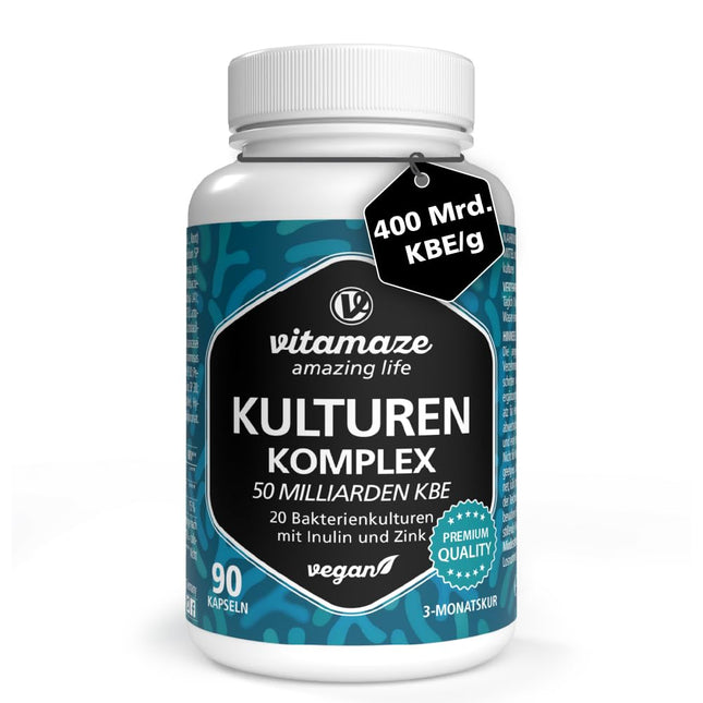 Culture complex high-dose with 400 billion CFU/g in 1 capsule, 20 bacterial cultures for intestinal flora development with inulin and zinc, 90 vegan &amp; gastro-resistant capsules with 50 billion CFU for 3 months