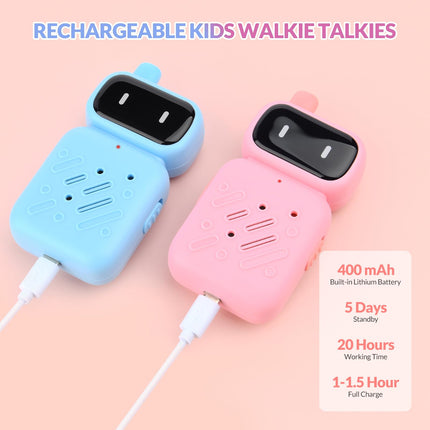 Walkie Talkie Kids 2pcs, Walkie Talkie Rechargeable with Li-ion Battery, Two-Way Radio Set Long Range 1 KMs 2-Way Radio Toddler Toy for 3-12 Year Old Indoor Outdoor Games (Pink+Blue)