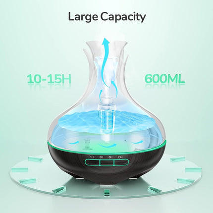 Aroma Diffuser, 600 ML with 8 Essential Oils, Bedroom Humidifier, Humidifier with Remote Control, 4 Timers, Automatic Waterless Shut-off for Large Rooms