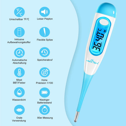 Easy@Home Basal Thermometer Fertility Thermometer Ovulation Test for Cycle Control and Ovulation Tracking with Premom APP, Digital Thermometer with Blue Backlight LCD Display