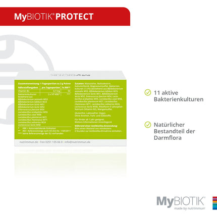 MyBIOTIK®PROTECT I made by nutrimmun I For 30 days I 11 active bacterial cultures I Proven strain specificity I Vitamin B2 I Powder I Vegan I Gluten-free I Lactose-free I Laboratory-tested
