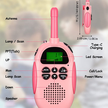2 Pack Walkie Talkies for Kids, Rechargeable Walkie Talkies, 22-Channel Children's Radio Toys for Boys and Girls, Outdoor Adventures, Camping, Hiking - Pink and Blue
