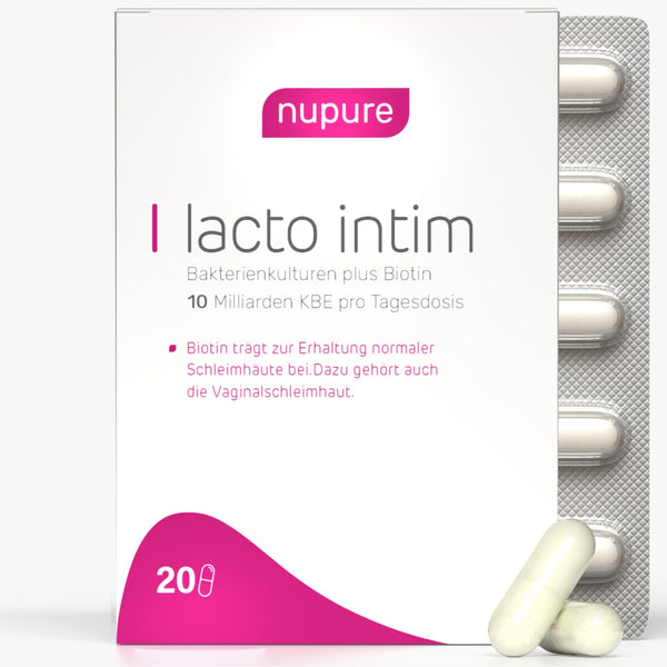 Nupure® Lacto Intim lactic acid bacteria for the vagina, to regulate vaginal bacteria, plus biotin for the mucous membranes, oral intake, vaginal probiotics, 20 capsules, vegan, lactose-free.
