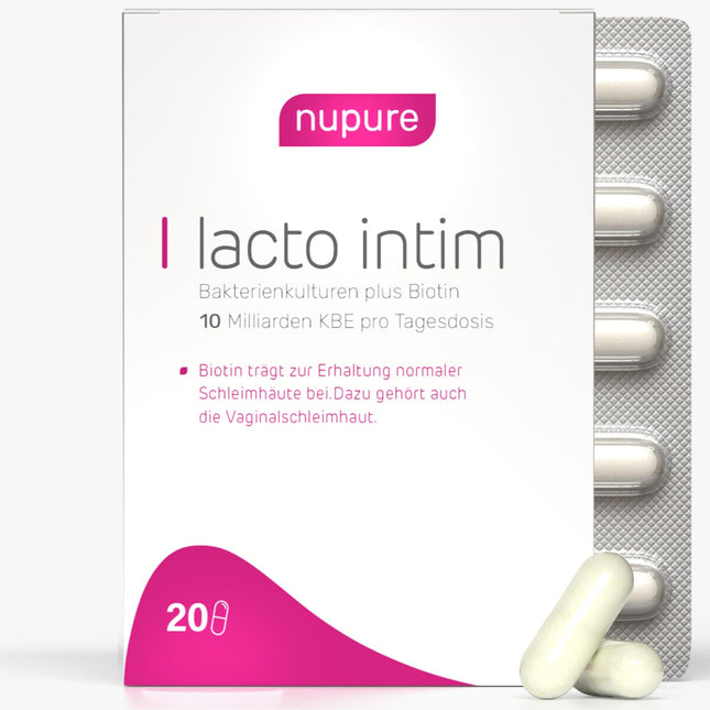 Nupure® Lacto Intim lactic acid bacteria for the vagina, to regulate vaginal bacteria, plus biotin for the mucous membranes, oral intake, vaginal probiotics, 20 capsules, vegan, lactose-free.