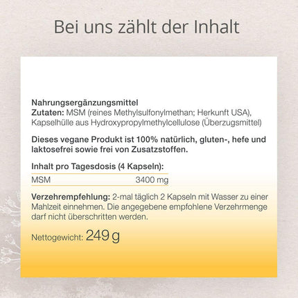 MSM Natural Sulfur - 250 Capsules - High Dose with 3400 mg MSM per day - 99.9% Purity - Best Controlled Quality - MSM from the USA