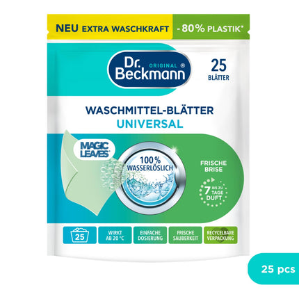 Dr. Beckmann MAGIC LEAVES Laundry Detergent Sheets UNIVERSAL | Pre-dosed &amp; water-soluble laundry sheets | Space-saving and easy to use | 25 sheets
