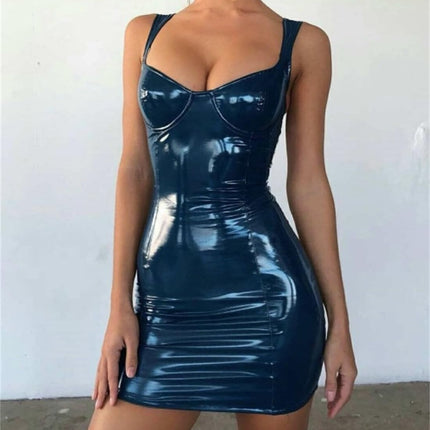 Gellmall Women's Clubwear PU Leather Dresses Patent Leather Wetlook Straps Bodycon Erotic Party Dress Women Backless Sling Sleeveless Mini Dress 5XL