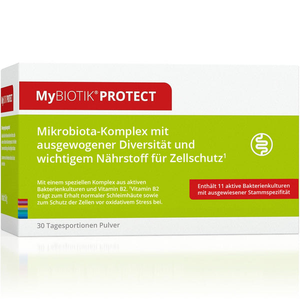 MyBIOTIK®PROTECT I made by nutrimmun I For 30 days I 11 active bacterial cultures I Proven strain specificity I Vitamin B2 I Powder I Vegan I Gluten-free I Lactose-free I Laboratory-tested