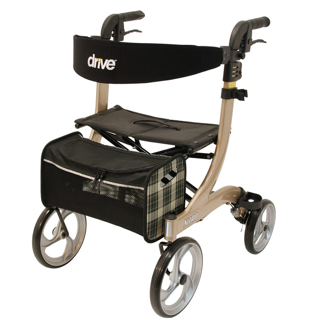 Drive Medical Rollator NITRO in size L &amp; color champagne I for indoor &amp; outdoor use with luggage net, cane holder &amp; tipping aid I Padded backrest, ergonomic handles &amp; no assembly required