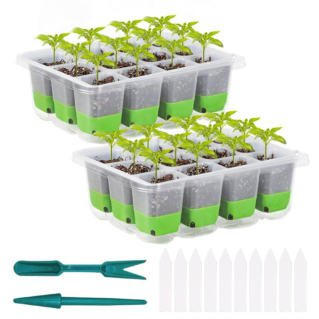 Palwin 2 Pcs Silicone Seedling Trays, 24 Cell Reusable Seedling Tray, Indoor Greenhouse Seedling Box with Silicone Bottom, Mini Greenhouse Seedling Set with Plant Labels for Plants, Green
