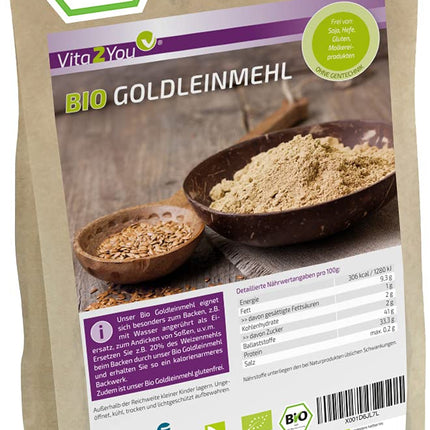 Vita2You Organic Golden Flaxseed Flour 1000g - Gluten-free - Flour substitute - Low carbohydrates - High protein content - in a zip bag - Premium quality