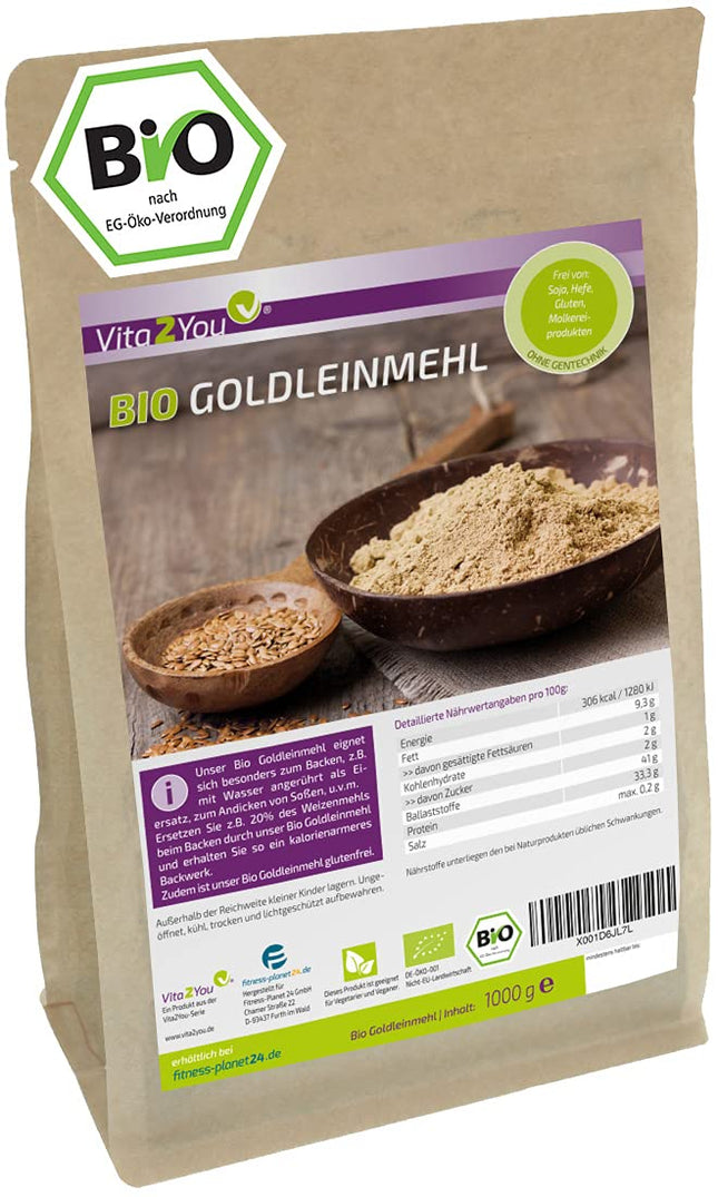Vita2You Organic Golden Flaxseed Flour 1000g - Gluten-free - Flour substitute - Low carbohydrates - High protein content - in a zip bag - Premium quality