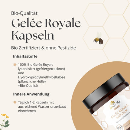 bedrop Royal Jelly Capsules Organic Quality 60 Capsules - 1 capsule = 980 mg pure Royal Jelly, 10-HDA content &lt;4.8% - Royal Jelly rich in polyphenols &amp; flavonoids