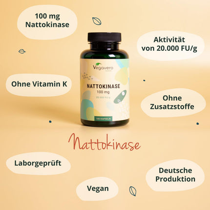 Nattokinase Capsules High Dose | 20,000 FU/g | From Natto – fermented soybeans | 180 Capsules | Laboratory-tested | Vegan – no additives | German production Vegavero®