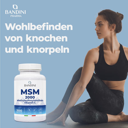 Bandini® MSM - 2000mg with 40mg Vitamin C per daily dose - More compact methylsulfonylmethane powder than capsules - No magnesium stearate, high dosage, vegan, no additives, laboratory tested - 200 tablets