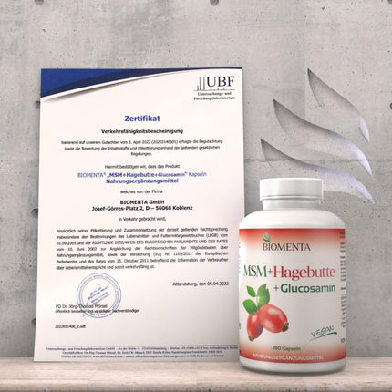 BIOMENTA MSM + Rosehip + Glucosamine – 180 allergen-free capsules with a high dose of 1,200 mg organic sulfur powder + 794 mg glucosamine sulfate + 300 mg rosehip extract per day – vegan – premium quality