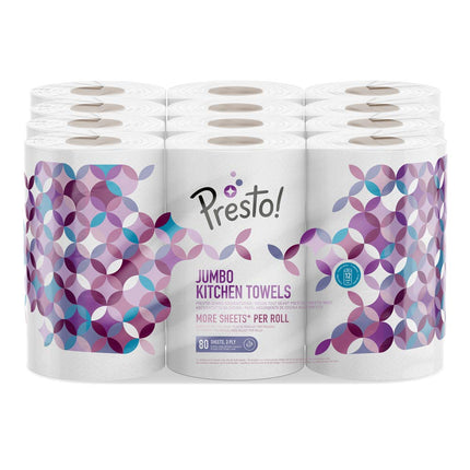 Amazon Brand: Presto! 3-Ply Jumbo Kitchen Rolls, White, 18 Rolls, 1-Pack