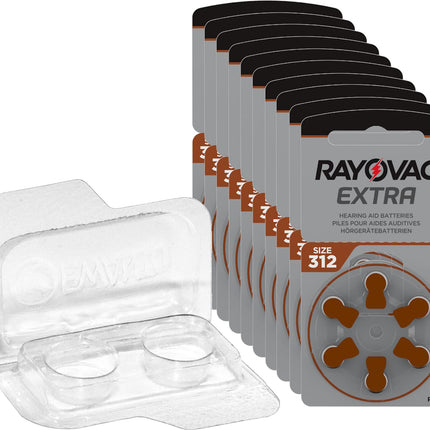 60x Rayovac Extra Advanced 312 hearing aid batteries 10x6 blister pack PR41 Braun 24607 + storage box for 2 hearing aid batteries (10, 13, 312, 675), battery box for 2 button cells up to 12 mm x 6 mm (Ø x H)