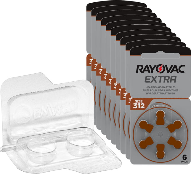 60x Rayovac Extra Advanced 312 hearing aid batteries 10x6 blister pack PR41 Braun 24607 + storage box for 2 hearing aid batteries (10, 13, 312, 675), battery box for 2 button cells up to 12 mm x 6 mm (Ø x H)