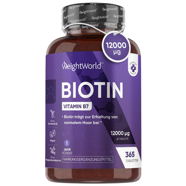 Biotin Tablets - 12,000 mcg per tablet - Biotin contributes to the maintenance of normal hair (EFSA) - 365 vegan tablets - 1 year supply - No magnesium stearate - Vitamin B7 - WeightWorld