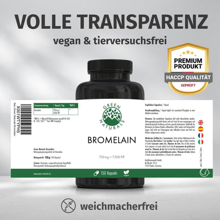 Bromelain - High Dose: 750 mg (7,500 FIP) - 150 Capsules - 5 Month Supply - Enteric-Coated Capsules - Natural Pineapple Extract - Green Naturals®