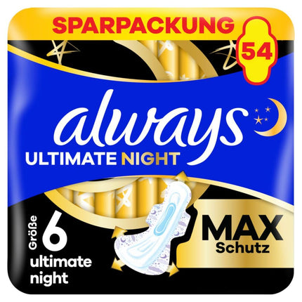 Always Ultimate Night Sanitary Pads (Size 6) with Wings 54 Count, Super Absorbent, For Periods