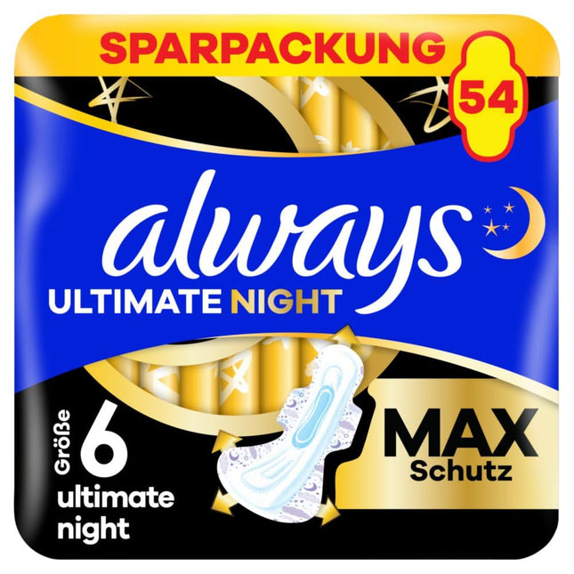 Always Ultimate Night Sanitary Pads (Size 6) with Wings 54 Count, Super Absorbent, For Periods