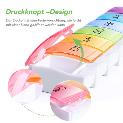 Opret Pill Box German, Pill Box 7 Days Rainbow Medicine Box Weekly Pill Box Small Easy to Open for On the Go