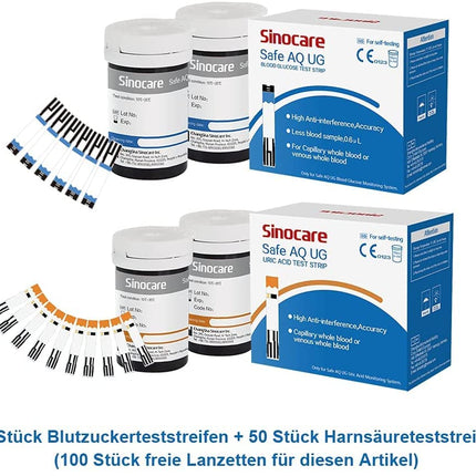sinocare uric acid blood glucose meter, Safe AQ UG blood glucose meter set with 50 blood glucose test strips and 50 uric acid test strips (Safe UG kit with test strips 50+50)