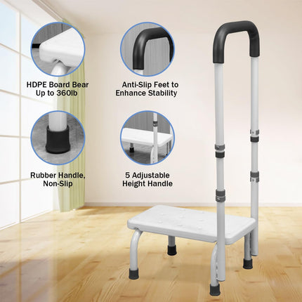 Bathtub step with grab bar, 5-level height adjustment, entry aid for seniors and disabled people, footstool for bed, kitchen, bathtub, load capacity up to 180 kg