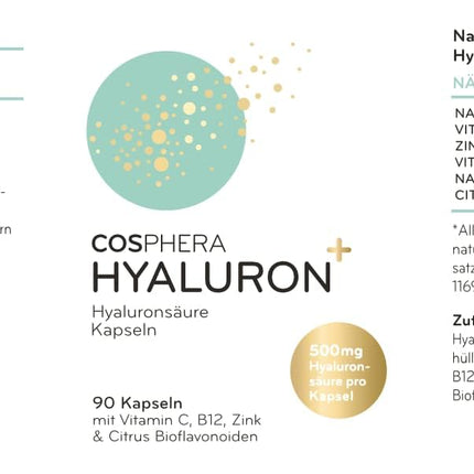 Hyaluronic acid capsules with a high dosage of 500 mg per capsule - 90 vegan hyaluronic capsules in a 3-month supply - 500-700 kDa I Enriched with zinc to contribute to the maintenance of normal skin and bones.