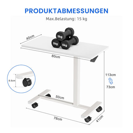 Dripex side table height-adjustable with wheels, nursing table for bed, small wooden computer table overbed table on wheels, sofa table bedside table for living room, bedroom, white