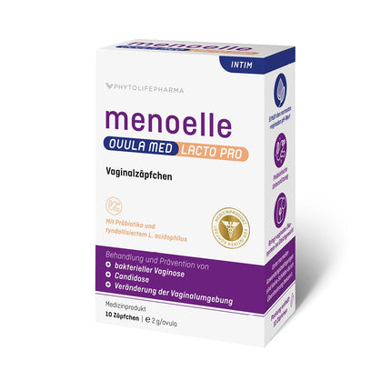 menoelle® OVULA med Lacto Pro. For bacterial vaginosis, vaginal yeast infections, inflamed mucous membranes, and vaginal dryness. With lactic acid, probiotics, and a care complex. Hormone-free. 10 suppositories.
