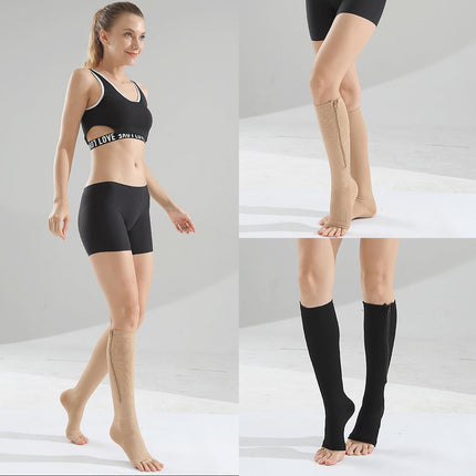 Naapesi 2 Pairs Compression Stockings with Zipper, Compression Socks with Zipper, Calf Height, Support Stockings with Open Toes for Varicose Veins, Edema, Recovery, Pregnancy