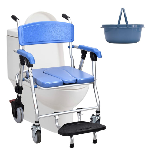 Shower Chair Commode Chair with Wheels for Seniors | Mobile Folding Shower Chair Commode Chair with Armrests and Backrest, Maximum Load Capacity of 150 kg (Blue 1)