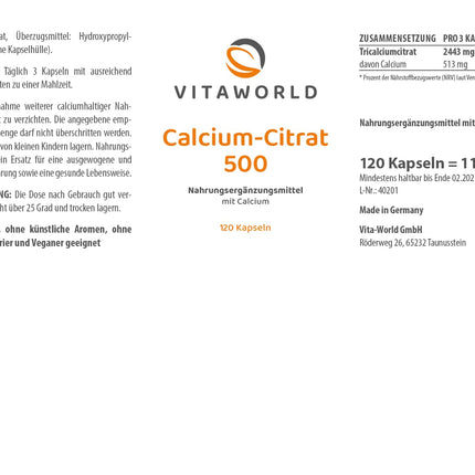 3-pack Vita World Calcium Citrate 500mg 3 x 120 Capsules Pharmacist-made Calcium Citrate Vegan