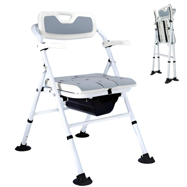 CYHWQ Folding Toilet Chair with Padded Seat and Toilet Bucket, Height Adjustable Toilet Chair for Seniors, Shower Chair Foldable Toilet Chair with Armrest and Backrest
