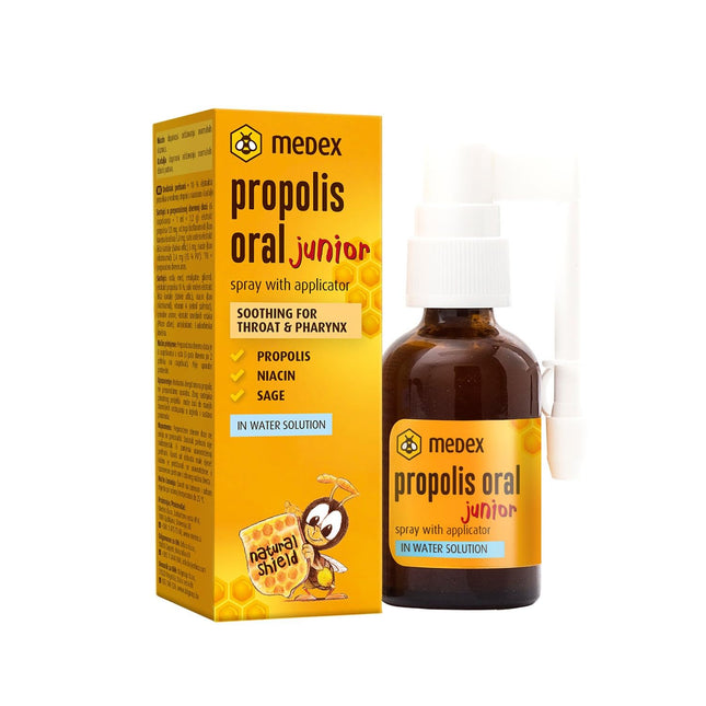 Medex Propolis Oral Junior, propolis spray, mouth and throat spray, water-based, alcohol-free; with added honey, sage, niacin, and spruce tips, with applicator, for children 3 years and older, 30 ml