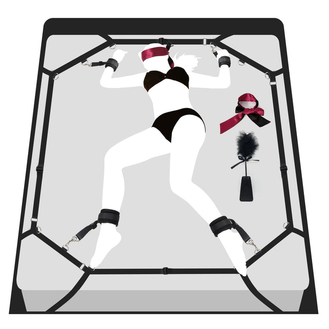 BDSM Bondage Set Bed Restraints Sex Toy for Couples | Extremely Sturdy Restraint Set with Bed Restraints, Handcuffs, Blindfold, Bed Straps, Adjustable Length, 1 Minute Quick Installation