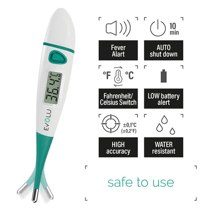 Evolu Waterproof Flexible Digital Thermometer Measurement in the mouth, rectum or armpit with flexible measuring tip in 10 seconds - Babies, children, adults - high precision - with storage box