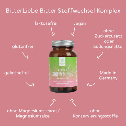 BitterLiebe® Bitter Metabolism Complex - 90 high-dose capsules with choline, zinc, vitamins &amp; bitter substances - For normal fat and energy metabolism - Vegan &amp; Made in Germany