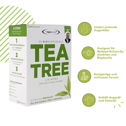 The Eye Doctor Tea Tree Eyelid Wipes - 40x Disposable Eye Wipes - Suitable for Sensitive Eyes, Dry Eyes, Blepharitis, MGD &amp; Demodex - Eco-Friendly, Biodegradable
