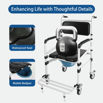 Height-adjustable toilet wheelchair, toilet chair for seniors with wheels, shower wheelchair, bedside chair for seniors, shower chair with wheels for the disabled, mobile toilet chair with arms (black)