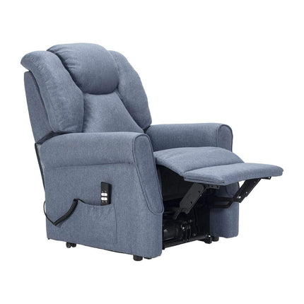 Sime FR-1 ADJUSTABLE electric recliner with vibrating massage. Combined backrest and footrest inclination. 4 wheels move the user. Non-deformable seat, dirt-repellent, stand-up aid. Denim Blue.