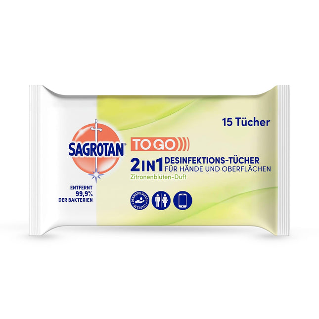 Sagrotan 2-in-1 Disinfectant Wipes with Lemon Blossom Scent – ​​For disinfecting hands and surfaces – 15 wipes
